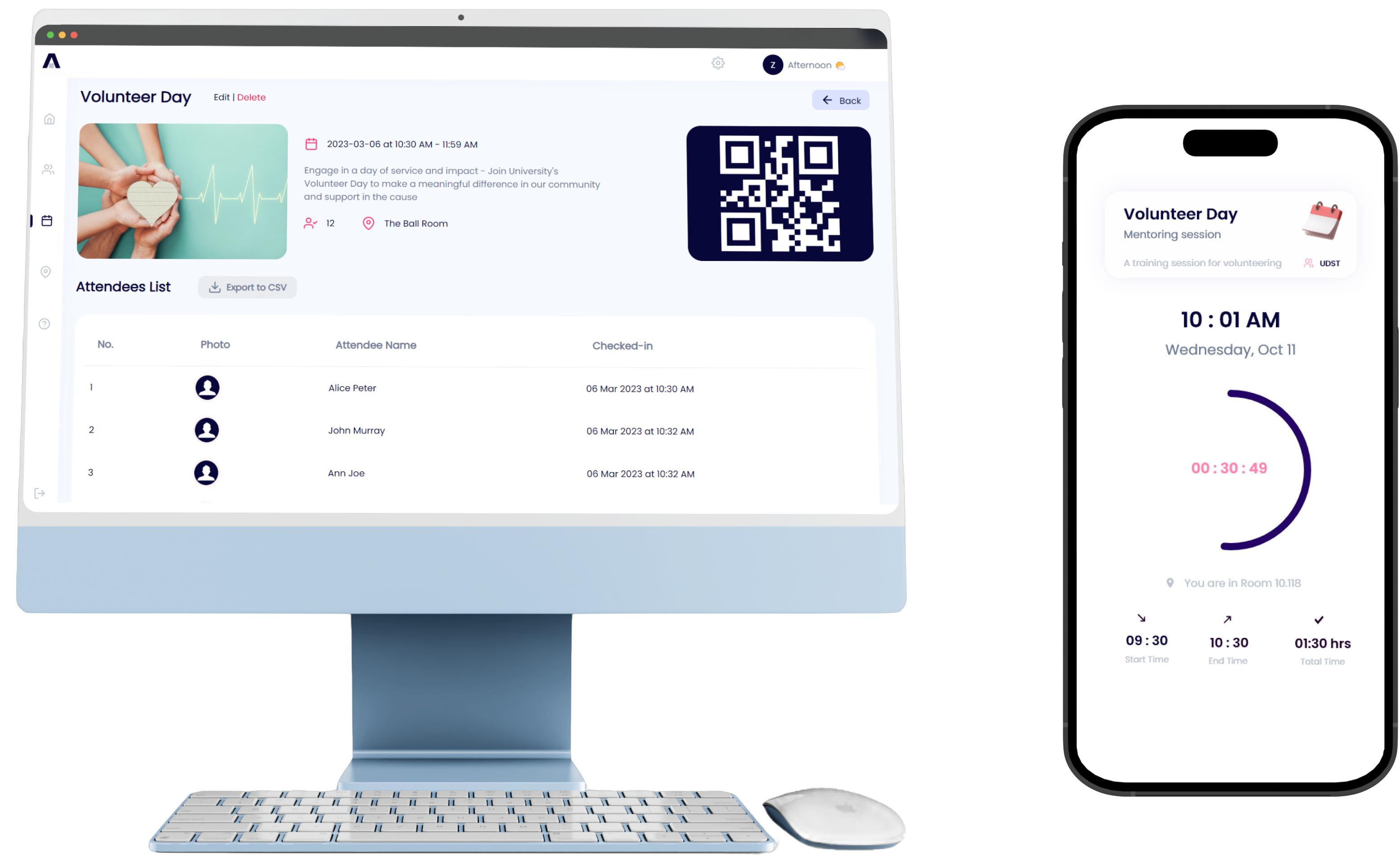 QR code attendance software showing a session dashboard with attendee check-in list and CSV export